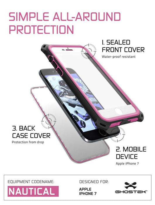 SIMPLE ALL-AROUND PROTECTION SEALED FRONT COVER x Water-proof resistant 3.BACK CASE COVER Protection from drop Lf 2. MOBILE DEVICE Apple iPhone 7 EQUIPMENT CODENAME: DESIGNED FOR NAUTICAL ie eHOSTEH (Color in image: White)