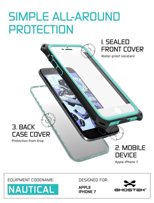 SIMPLE ALL-AROUND PROTECTION SEALED FRONT COVER Water-proof resistant 3. BACK CASE COVER Protection from drop 2. MOBILE DEVICE Apple iPhone 7 EQUIPMENT CODENAME DESIGNED FOR NAUTICAL wre euoSTeN (Color in image: White)