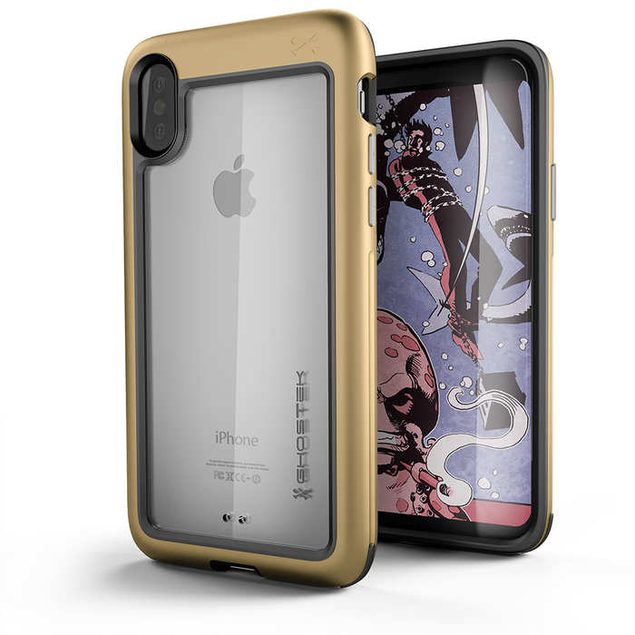 iPhone X Case, Ghostek Atomic Slim Fit Strong Aluminum Bumper + Soft TPU Shell | Rubber Corners & Bezel | Face ID Compatible | Supports Qi Wireless Charging | Gold (Color in image: Gold)