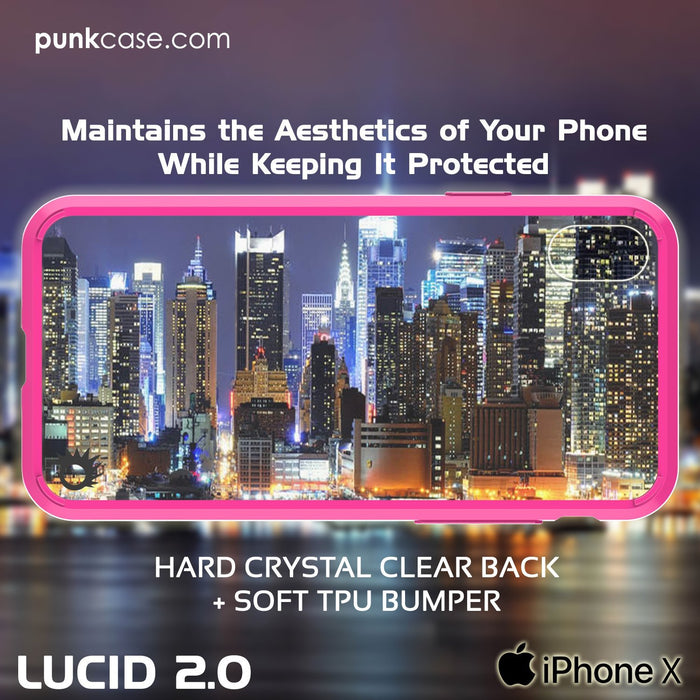 iPhone X Case, PUNKcase [LUCID 2.0 Series] [Slim Fit] Armor Cover W/Integrated Anti-Shock System & Tempered Glass PUNKSHIELD Screen Protector [Pink] (Color in image: Clear)