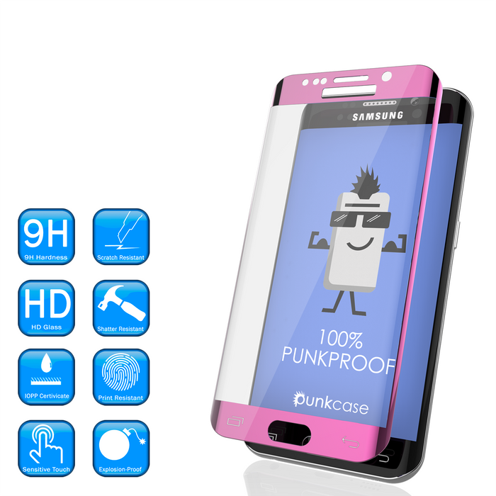 Galaxy S6 Edge Pink Tempered Glass Screen Protector, PUNKSHIELD \0.33mm Thick 9H Glass (Color in image: Clear)