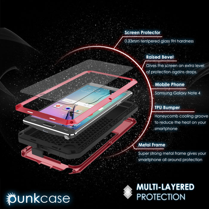 Note 4 Case, Punkcase® METALLIC Series RED w/ TEMPERED GLASS | Aluminum Frame (Color in image: Gold)