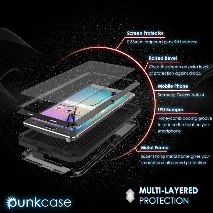 Note 4 Case, Punkcase® METALLIC Series BLACK w/ TEMPERED GLASS | Aluminum Frame (Color in image: Gold)
