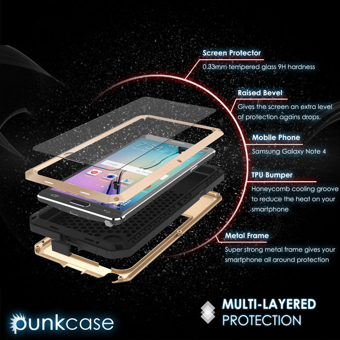 Note 4 Case, Punkcase® METALLIC Series GOLD w/ TEMPERED GLASS | Aluminum Frame (Color in image: Black)