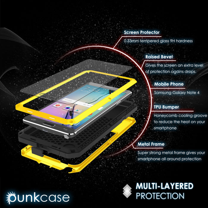 Note 4 Case, Punkcase® METALLIC Series NEON w/ TEMPERED GLASS | Aluminum Frame (Color in image: Black)