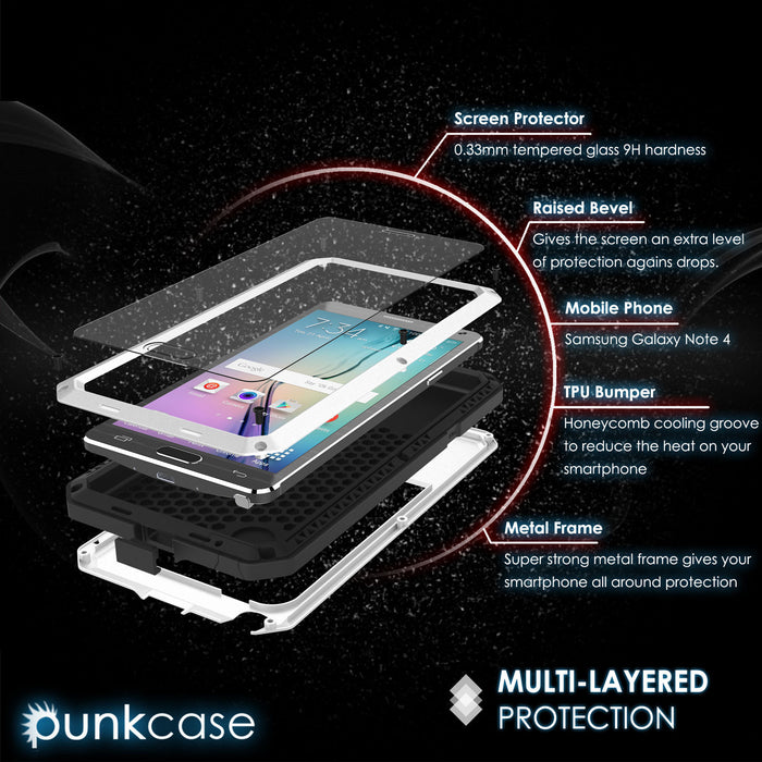 Note 4 Case, Punkcase® METALLIC Series WHITE w/ TEMPERED GLASS | Aluminum Frame (Color in image: Black)