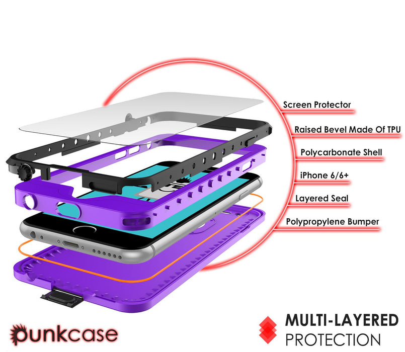 iPhone 6S+/6+ Plus Waterproof Case, PUNKcase StudStar Purple w/ Attached Screen Protector | Warranty (Color in image: black)