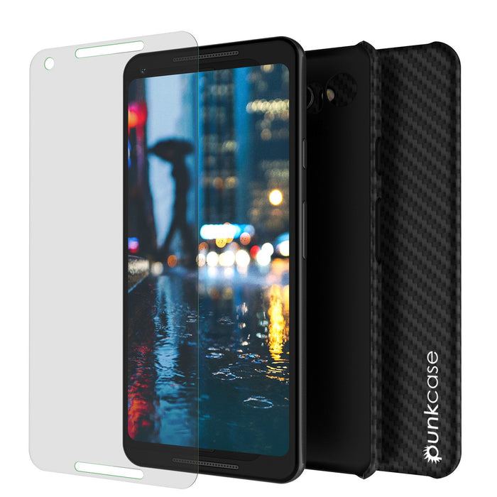 Google Pixel 2 XL  CarbonShield Heavy Duty & Ultra Thin 2 Piece Dual Layer PU Leather Cover [shockproof][non slip] with Tempered Glass Screen Protector for Google Pixel 2 XL [Jet Black] 