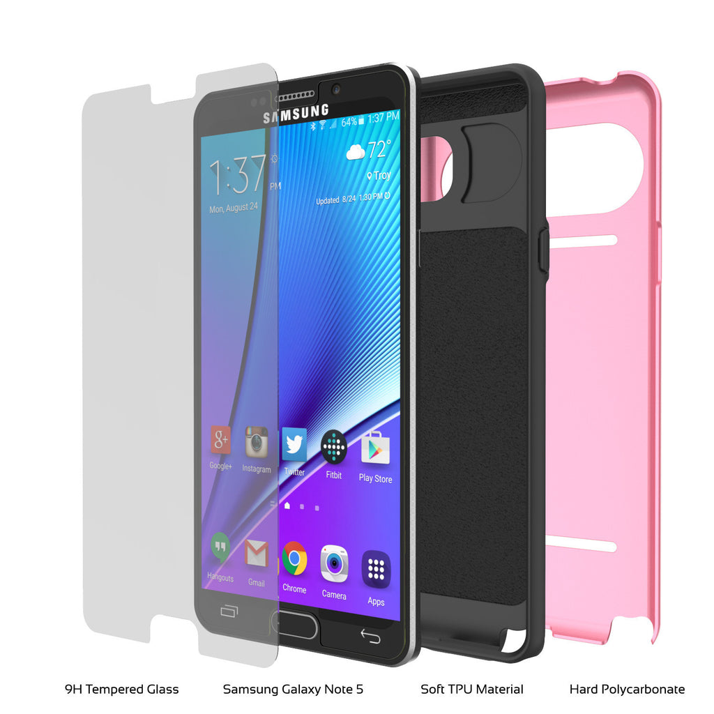 Galaxy Note 5 Case PunkCase CLUTCH Pink Series Slim Armor Soft Cover Case w/ Tempered Glass (Color in image: Rose)