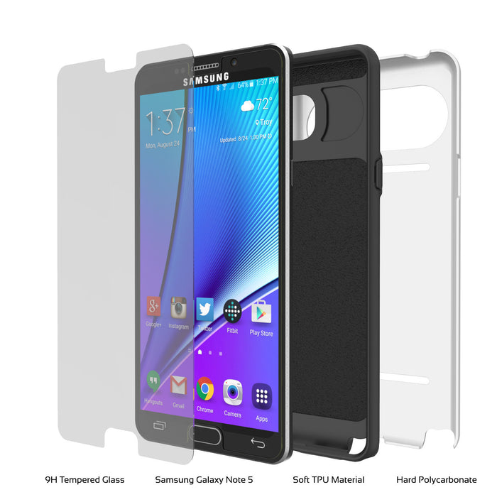 Galaxy Note 5 Case PunkCase CLUTCH White Series Slim Armor Soft Cover Case w/ Tempered Glass (Color in image: Black)