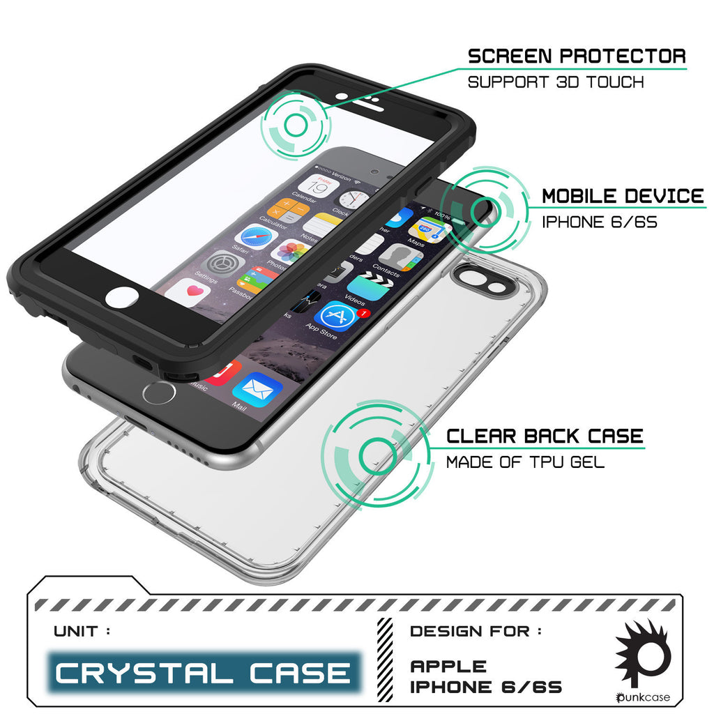 iPhone 6+/6S+ Plus Waterproof Case, PUNKcase CRYSTAL Black W/ Attached Screen Protector | Warranty (Color in image: light blue)