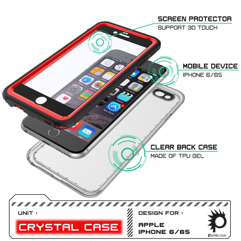 iPhone 6/6S Waterproof Case, PUNKcase CRYSTAL Red W/ Attached Screen Protector  | Warranty (Color in image: pink)