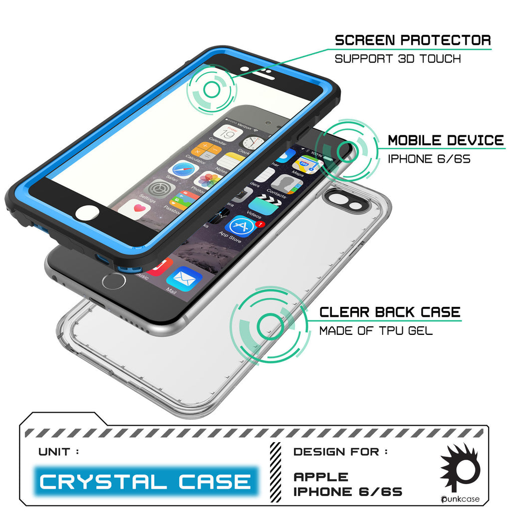iPhone 6/6S Waterproof Case, PUNKcase CRYSTAL Light Blue  W/ Attached Screen Protector  | Warranty (Color in image: teal)