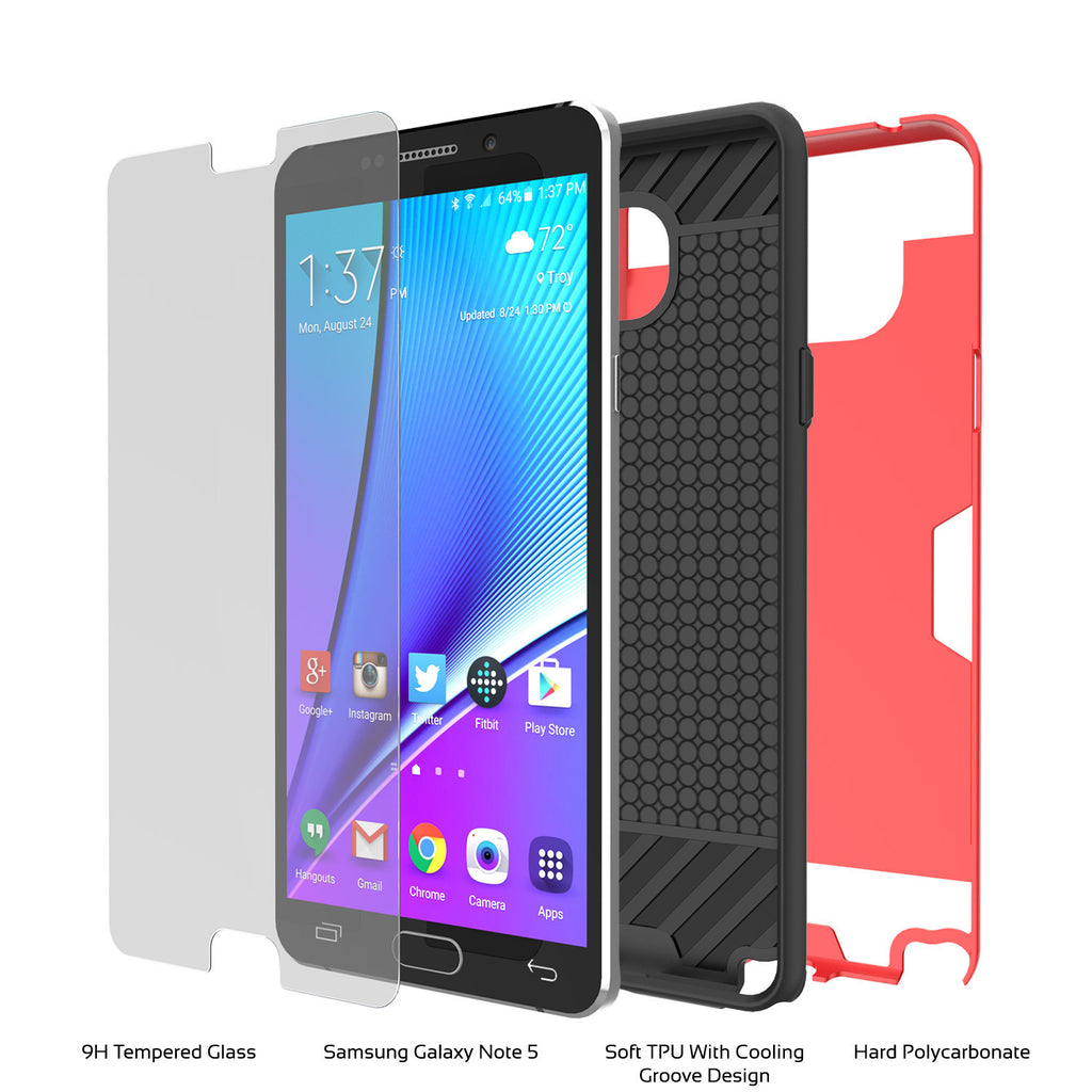 Galaxy Note 5 Case PunkCase SLOT Red Series Slim Armor Soft Cover Case w/ Tempered Glass (Color in image: Black)