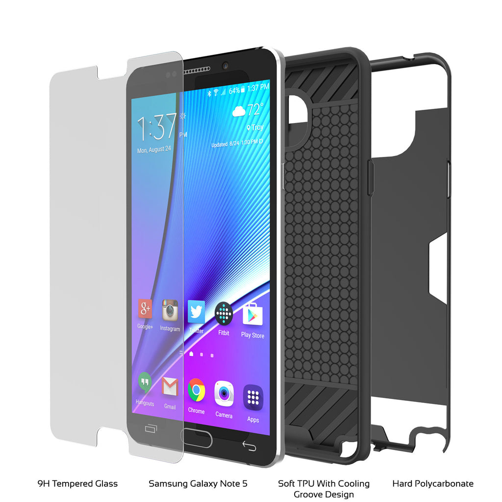Galaxy Note 5 Case PunkCase SLOT Black Series Slim Armor Soft Cover Case w/ Tempered Glass (Color in image: White)