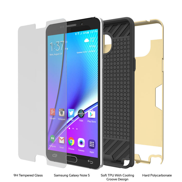 Galaxy Note 5 Case PunkCase SLOT Gold Series Slim Armor Soft Cover Case w/ Tempered Glass (Color in image: White)