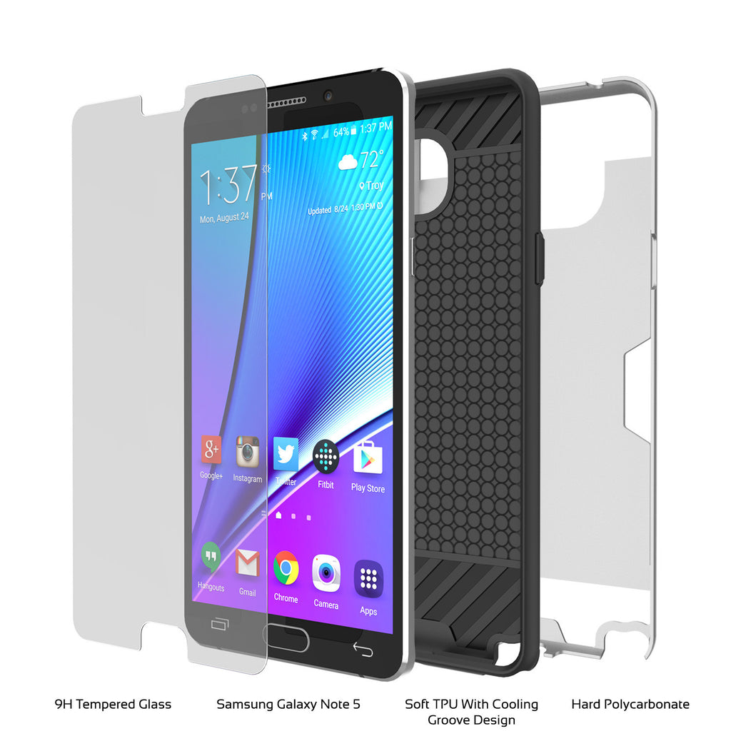Galaxy Note 5 Case PunkCase SLOT Silver Series Slim Armor Soft Cover Case w/ Tempered Glass (Color in image: White)