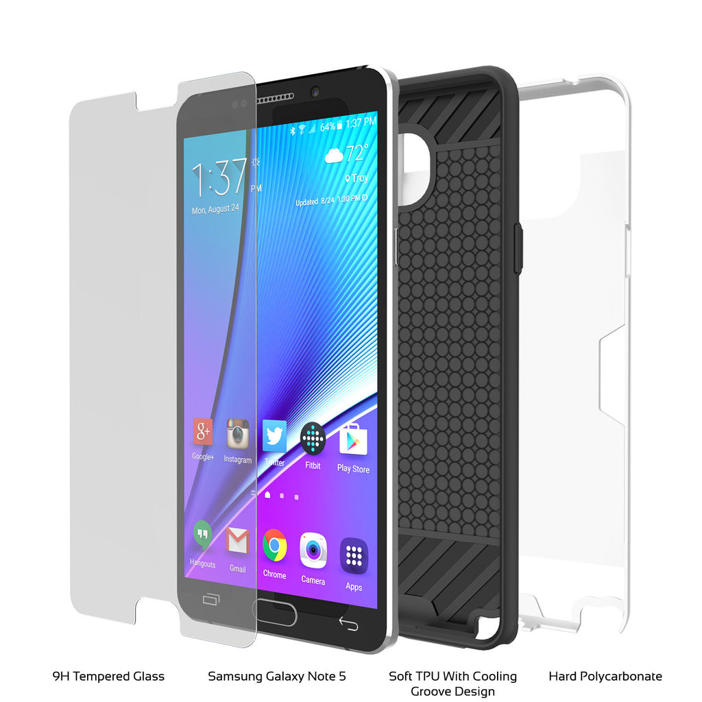 Galaxy Note 5 Case PunkCase SLOT White Series Slim Armor Soft Cover Case w/ Tempered Glass (Color in image: Black)