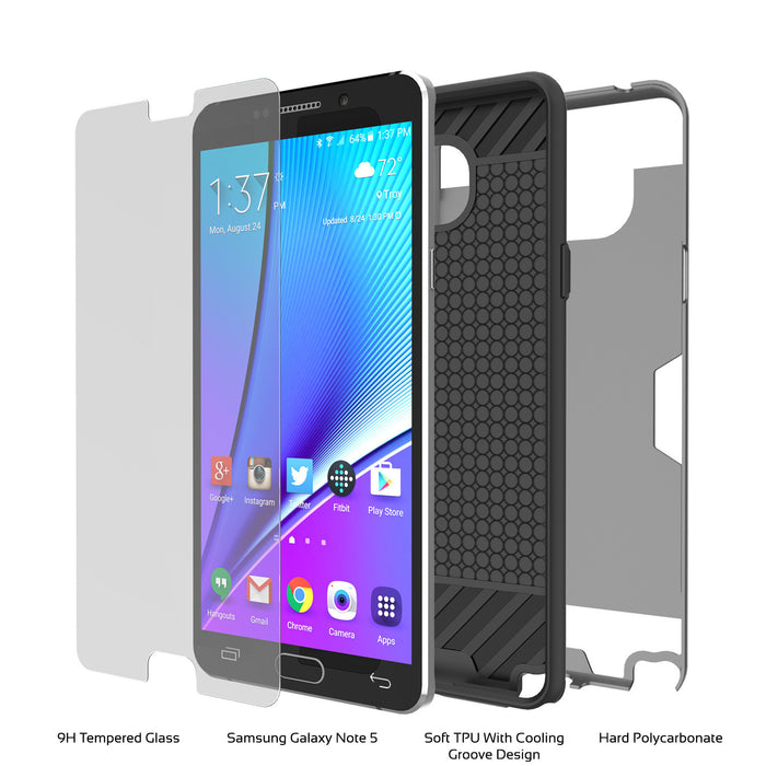 Galaxy Note 5 Case PunkCase SLOT Grey Series Slim Armor Soft Cover Case w/ Tempered Glass (Color in image: White)