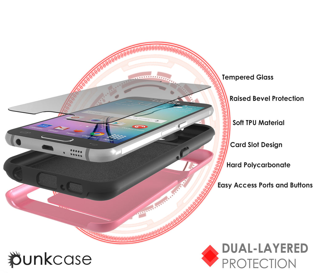 Galaxy s6 Case PunkCase CLUTCH Pink Series Slim Armor Soft Cover Case w/ Tempered Glass (Color in image: White)