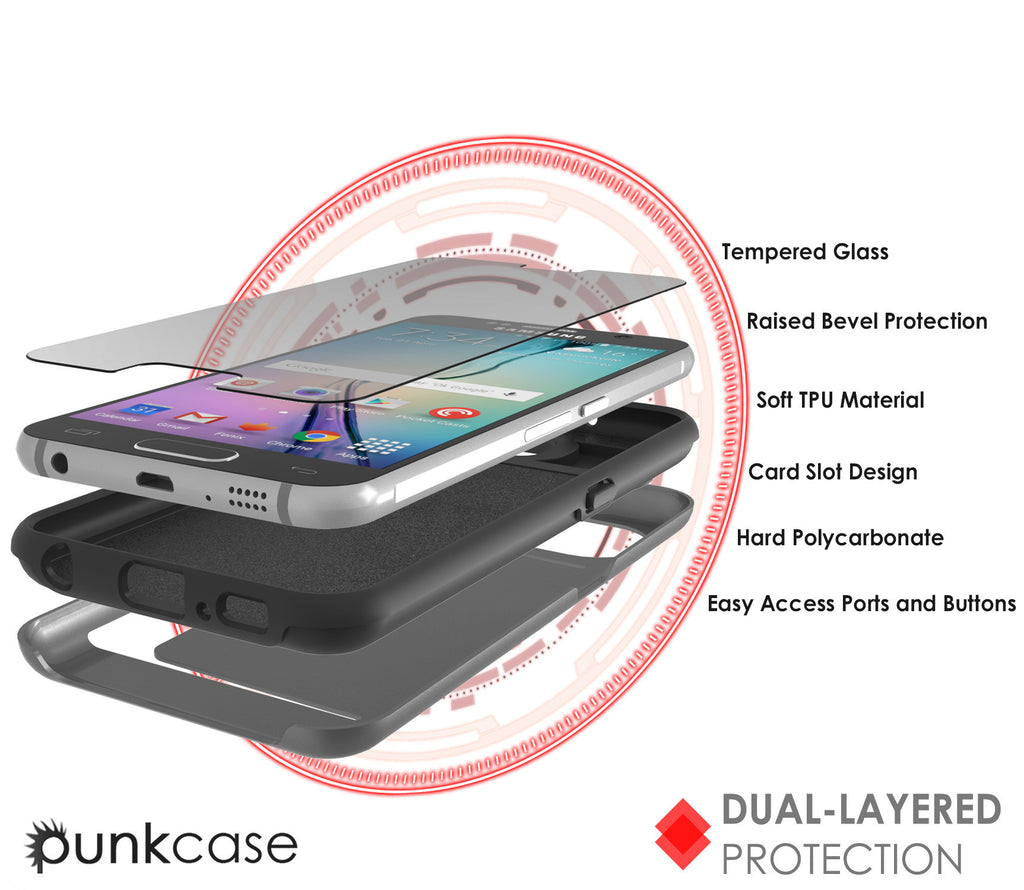 Galaxy s6 Case PunkCase CLUTCH Grey Series Slim Armor Soft Cover Case w/ Tempered Glass (Color in image: White)