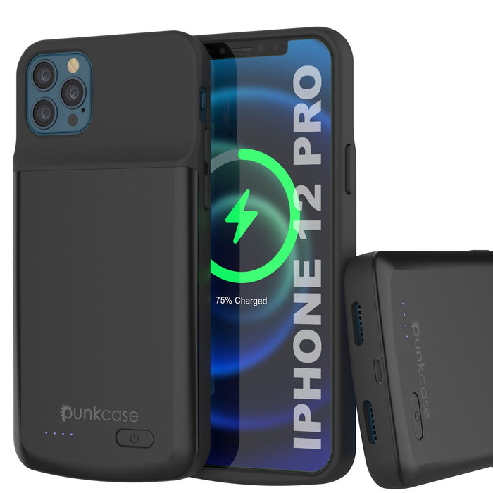 iPhone 12 Pro Battery Case, PunkJuice 4800mAH Fast Charging Power Bank W/ Screen Protector | [Black] (Color in image: black)