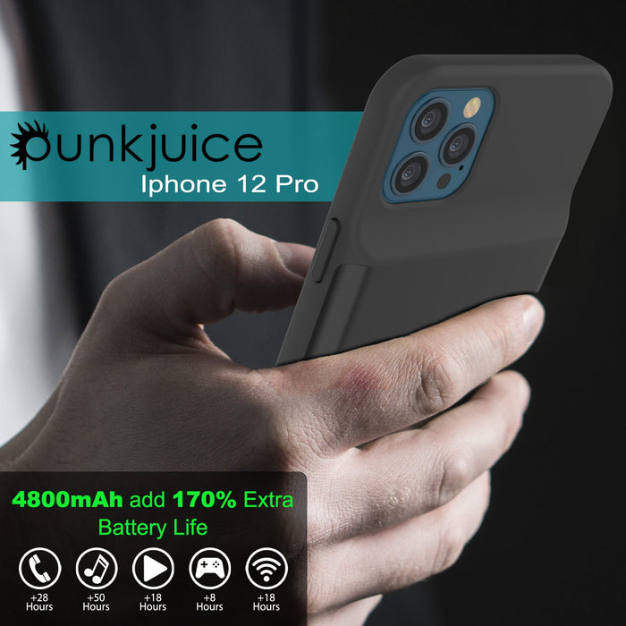 iPhone 12 Pro Battery Case, PunkJuice 4800mAH Fast Charging Power Bank W/ Screen Protector | [Black] (Color in image: rose-gold)