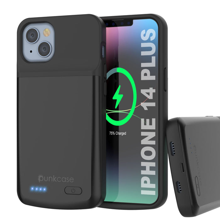 iPhone 14 Plus Battery Case, PunkJuice 4800mAH Fast Charging Power Bank W/ Screen Protector | [Black] (Color in image: black)