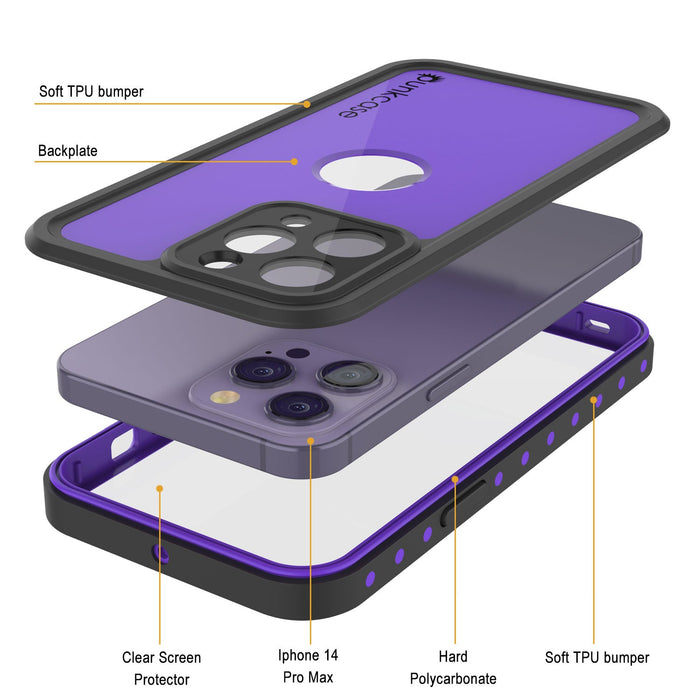 iPhone 14 Pro Max Waterproof IP68 Case, Punkcase [Purple] [StudStar Series] [Slim Fit] [Dirtproof]