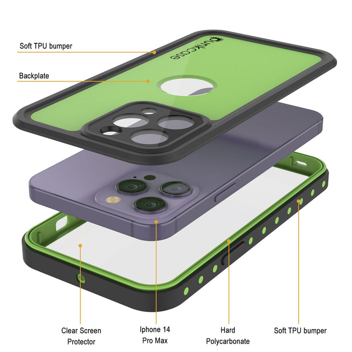 iPhone 14 Pro Max Waterproof IP68 Case, Punkcase [Light green] [StudStar Series] [Slim Fit] [Dirtproof]