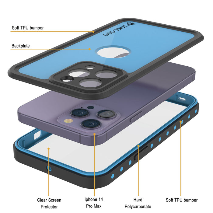 iPhone 14 Pro Max Waterproof IP68 Case, Punkcase [Light blue] [StudStar Series] [Slim Fit] [Dirtproof]