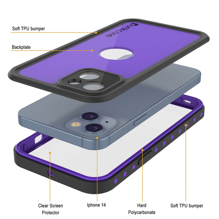 iPhone 14 Waterproof IP68 Case, Punkcase [Purple] [StudStar Series] [Slim Fit] [Dirtproof]