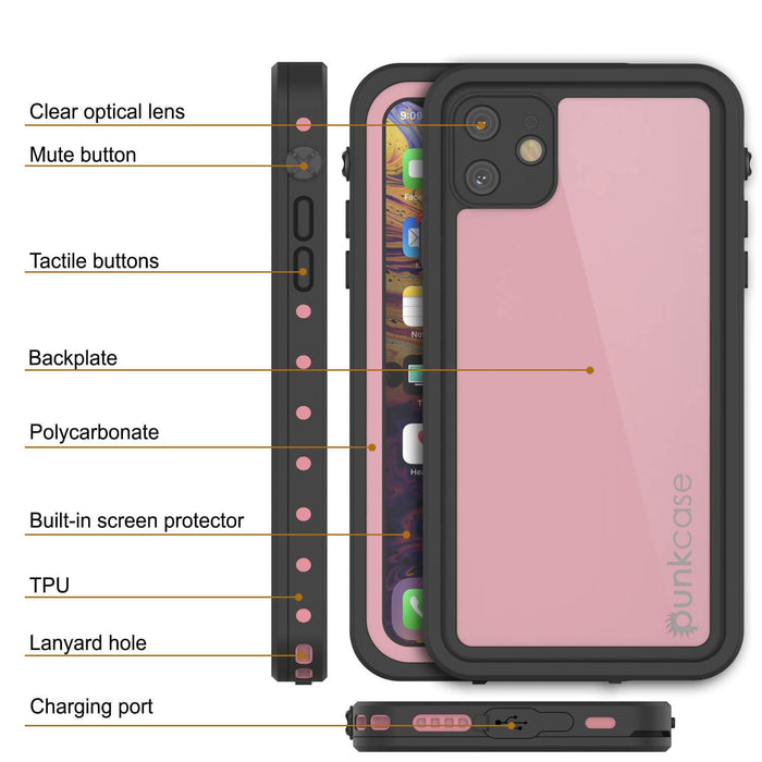 iPhone 11 Waterproof IP68 Case, Punkcase [Pink] [StudStar Series] [Slim Fit] [Dirtproof] (Color in image: black)