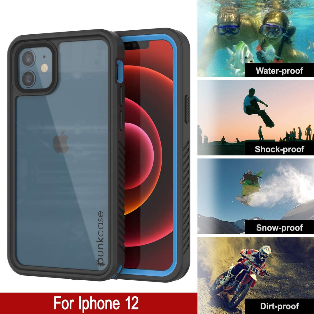 iPhone 12  Waterproof Case, Punkcase [Extreme Series] Armor Cover W/ Built In Screen Protector [Light Blue] (Color in image: Black)