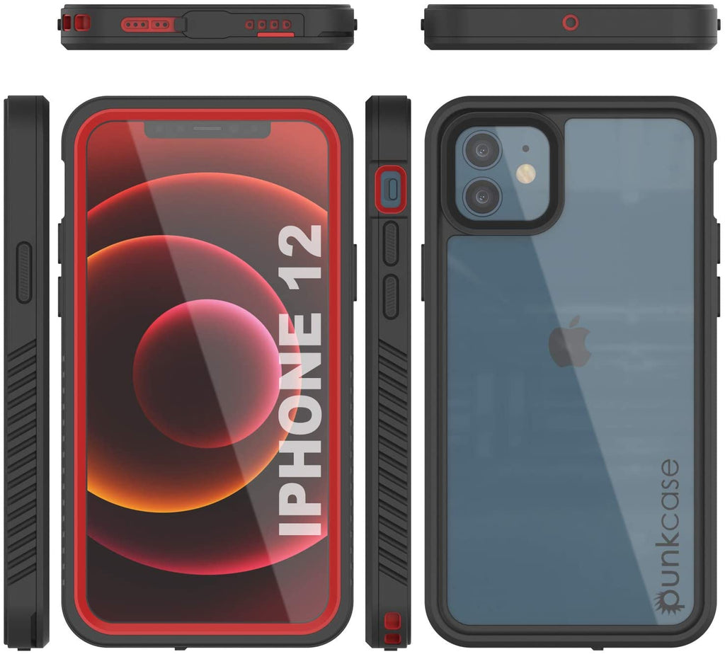 iPhone 12  Waterproof Case, Punkcase [Extreme Series] Armor Cover W/ Built In Screen Protector [Red] (Color in image: Red)