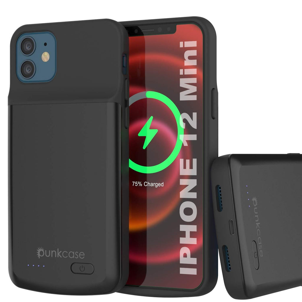 iPhone 12 Mini Battery Case, PunkJuice 4700mAH Fast Charging Power Bank W/ Screen Protector | [Black] (Color in image: black)