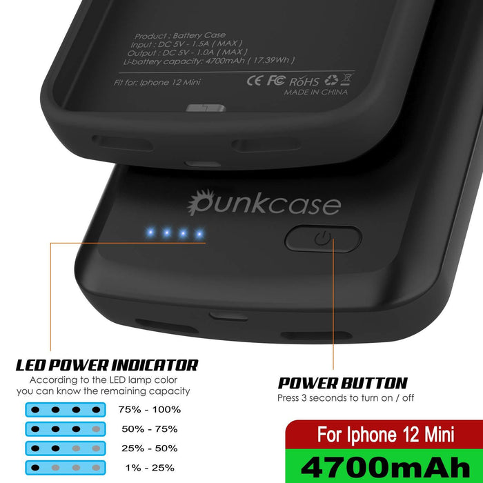 iPhone 12 Mini Battery Case, PunkJuice 4700mAH Fast Charging Power Bank W/ Screen Protector | [Black] (Color in image: blue)