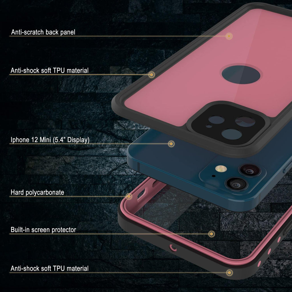 iPhone 12 Mini Waterproof IP68 Case, Punkcase [Pink] [StudStar Series] [Slim Fit] [Dirtproof] (Color in image: Black)