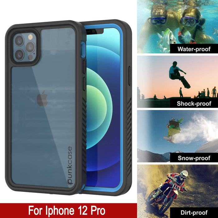 iPhone 12 Pro Waterproof Case, Punkcase [Extreme Series] Armor Cover W/ Built In Screen Protector [Light Blue] (Color in image: Black)