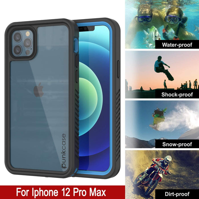 iPhone 12 Pro Max Waterproof Case, Punkcase [Extreme Series] Armor Cover W/ Built In Screen Protector [Light Blue] (Color in image: Black)