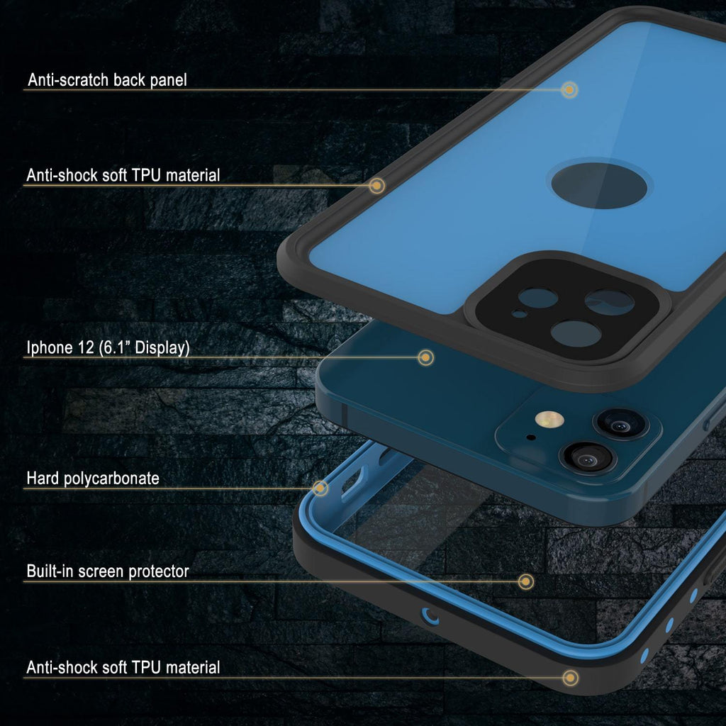iPhone 12 Waterproof IP68 Case, Punkcase [Light blue] [StudStar Series] [Slim Fit] [Dirtproof] (Color in image: Clear)