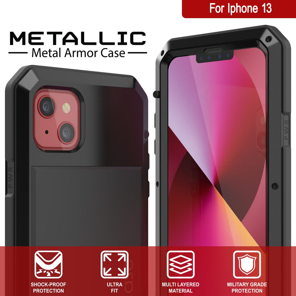 iPhone 13 Metal Case, Heavy Duty Military Grade Armor Cover [shock proof] Full Body Hard [Black] 