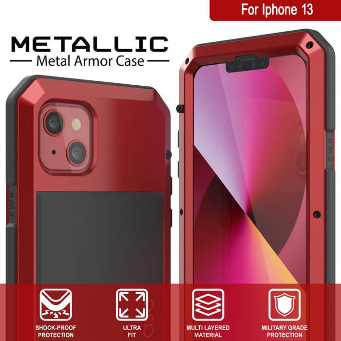 iPhone 13 Metal Case, Heavy Duty Military Grade Armor Cover [shock proof] Full Body Hard [Red] 