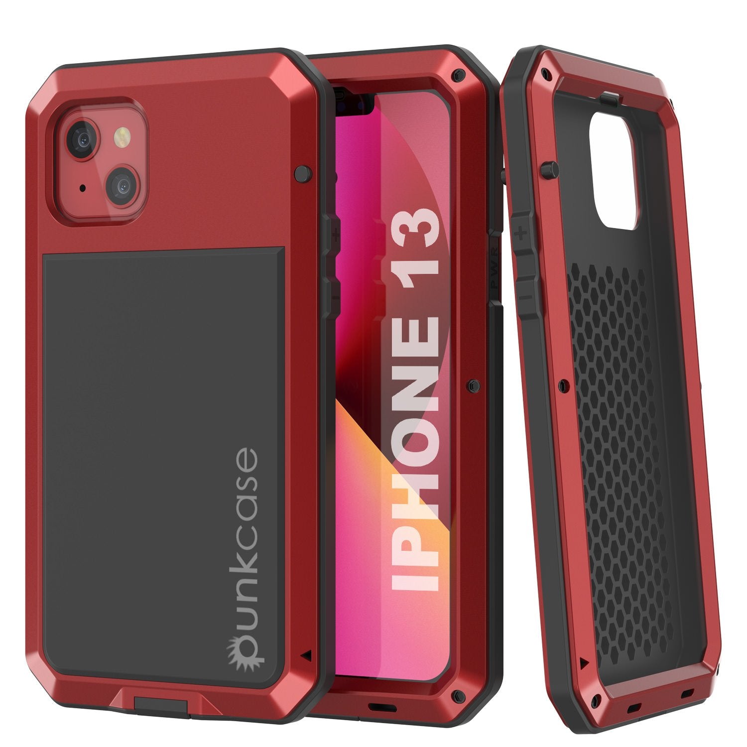 iPhone 13 Metal Case, Heavy Duty Military Grade Armor Cover [shock proof] Full Body Hard [Red] (Color in image: Red)