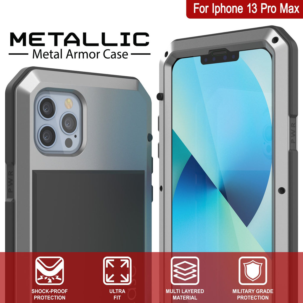 iPhone 13 Pro Max Metal Case, Heavy Duty Military Grade Armor Cover [shock proof] Full Body Hard [Silver] 