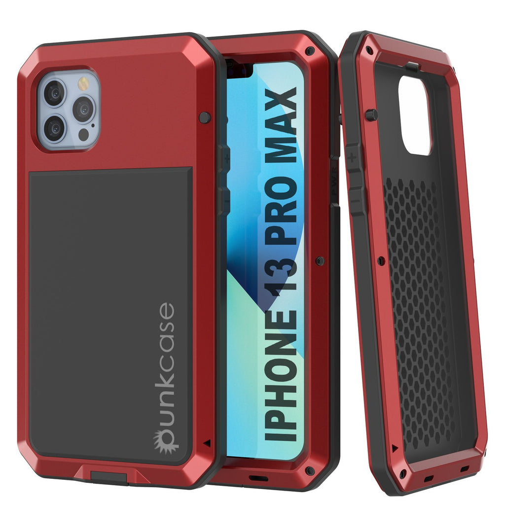 iPhone 13 Pro Max Metal Case, Heavy Duty Military Grade Armor Cover [shock proof] Full Body Hard [Red] (Color in image: Red)