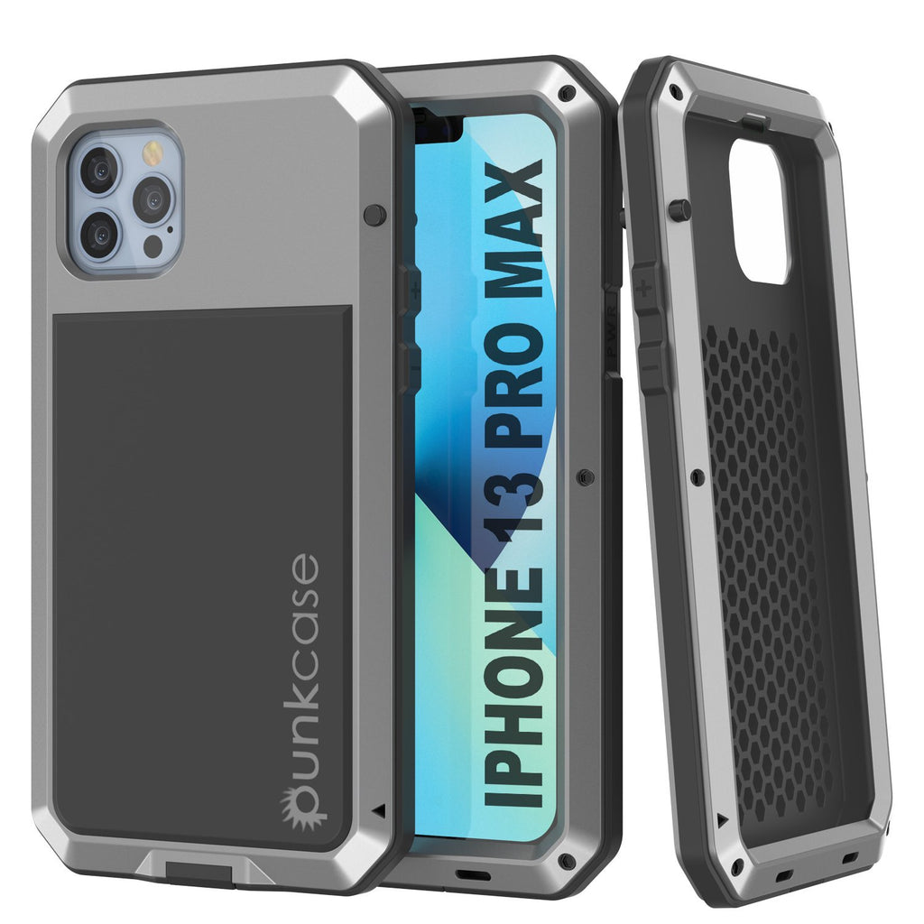 iPhone 13 Pro Max Metal Case, Heavy Duty Military Grade Armor Cover [shock proof] Full Body Hard [Silver] (Color in image: Silver)