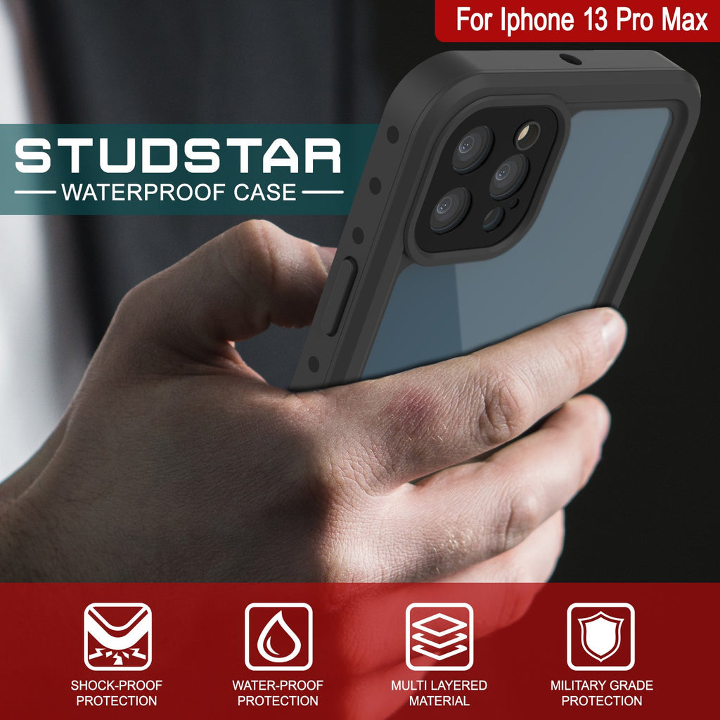 iPhone 13 Pro Max Waterproof IP68 Case, Punkcase [Clear] [StudStar Series] [Slim Fit] [Dirtproof] (Color in image: Red)