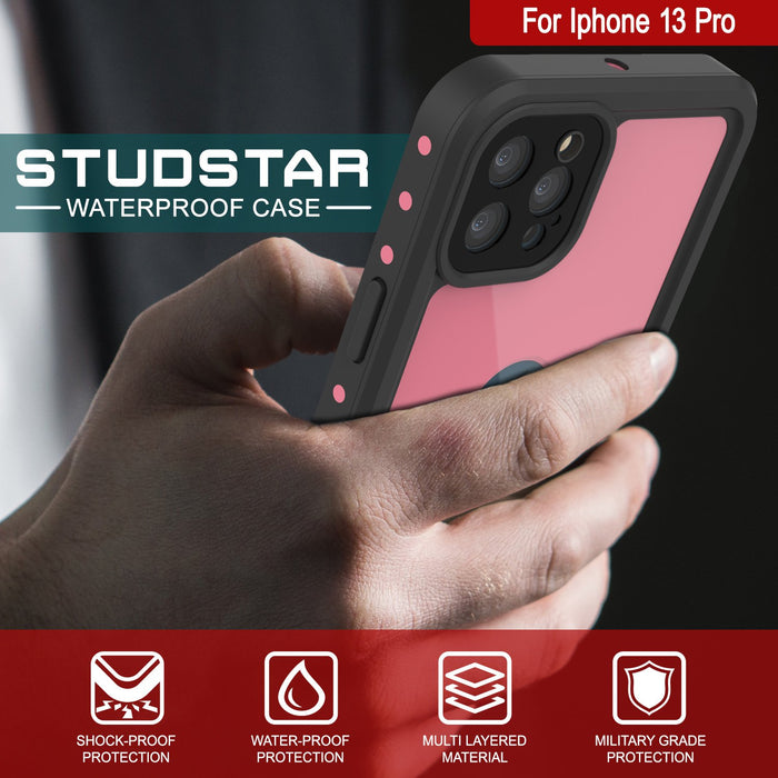 iPhone 13 Pro Waterproof IP68 Case, Punkcase [Pink] [StudStar Series] [Slim Fit] [Dirtproof] (Color in image: Black)