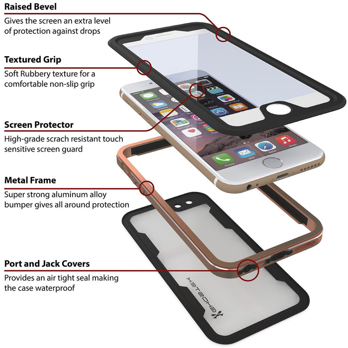 iPhone 6/6S Waterproof Case, Ghostek Atomic 2.0 Gold W/ Attached Screen Protector | Slim Fit (Color in image: silver)